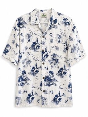 Vintage NATUR Paradise White & Navy Nautical Print Shirt – Size XXL EUC